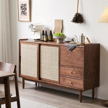 47" Vintage Rattan Dresser with Drawers, Shelves, Doors - Walnut